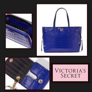 3 Pc Lot Victoria’s Secret Sapphire Croc Wallet Tote Headphone Case Travel Bag